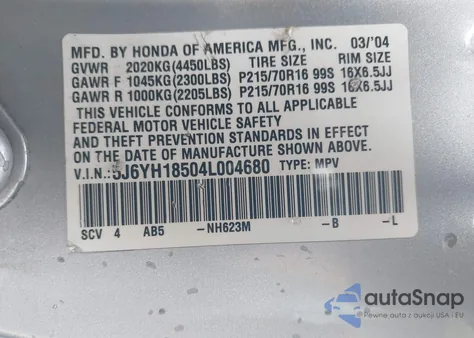 2004 Honda Element Ex from USA, damaged, VIN 5J6YH18504L004680